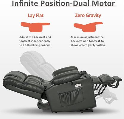MCombo Large Dual Motor Power Lift Recliner Chair for Elderly, Zero Gravity Lift Chair with Heat and Massage, Infinite Position Lay Flat Recliner, USB Ports, Faux Leather 7896 (Grey, Large)