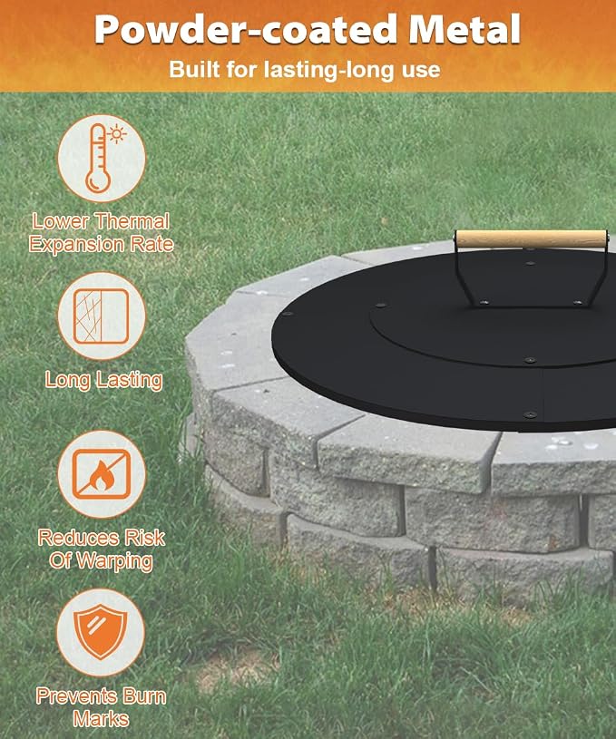 22" Wooden-Handle Fire Pit Lid for Pits up to 20", Round Metal Bonfire Pit Burner Pan Cover, Smokeless Fire Pit Cover for Fire Tables, All-Weather Resistance Outdoor Firepit Accessory