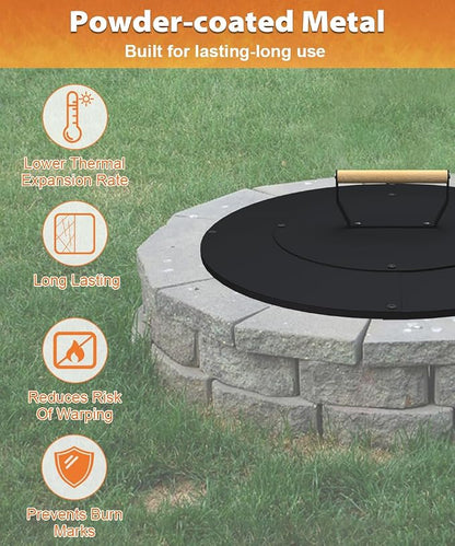 22" Wooden-Handle Fire Pit Lid for Pits up to 20", Round Metal Bonfire Pit Burner Pan Cover, Smokeless Fire Pit Cover for Fire Tables, All-Weather Resistance Outdoor Firepit Accessory