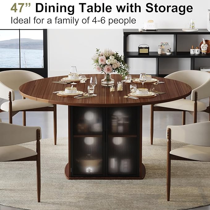 IBF 47" Round Dining Table for 4-6, Circle Kitchen Table with Storage Shelf, Circular Dining Room Tables with Fridge Space, Wood Dinner Tables for Home Kitchen, Walnut (Only Table)