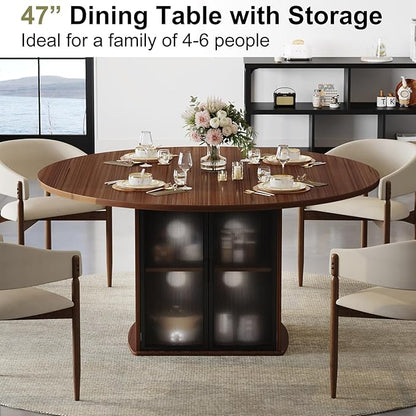 IBF 47" Round Dining Table for 4-6, Circle Kitchen Table with Storage Shelf, Circular Dining Room Tables with Fridge Space, Wood Dinner Tables for Home Kitchen, Walnut (Only Table)