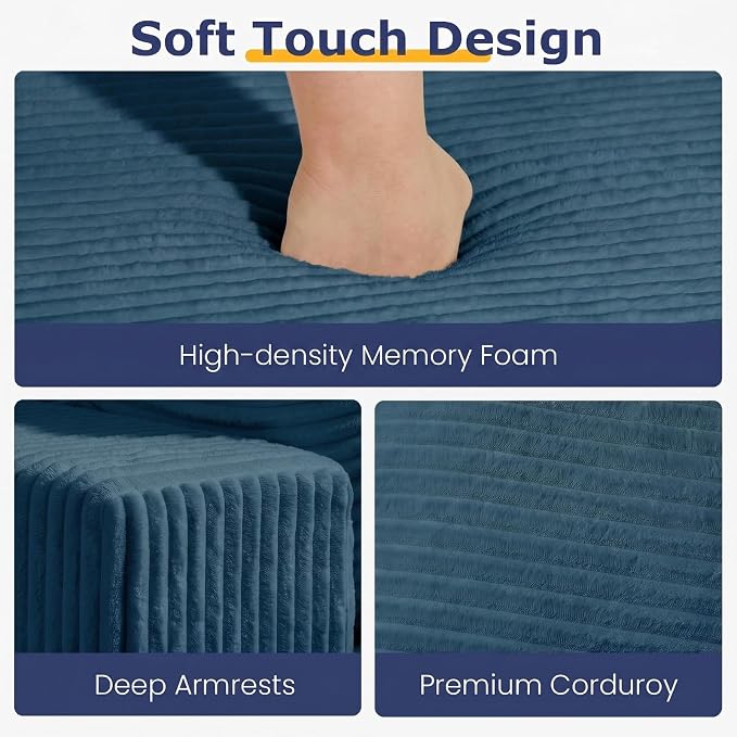 Boneless Couch for Living Room, 3 Seater Convertible Futon Sofa Bed Comfy Pull Out Couch with 5 Pillows & Detachable Washable Cover, Upholstered Floor Sofa in A Box, No Assembly Required, Blue