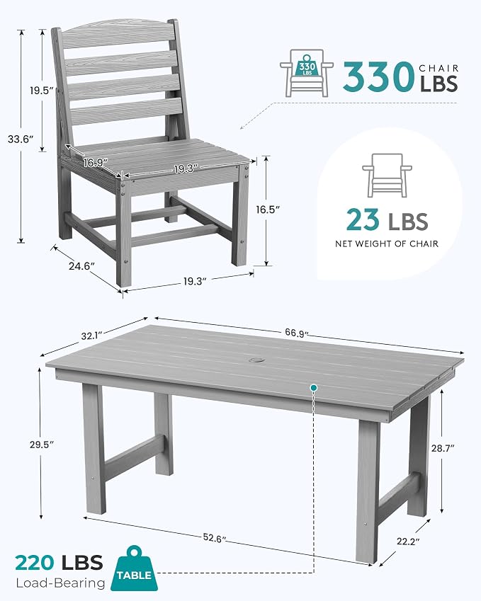 SERWALL Armless Outdoor Dining Chair Set of 2, All Weather Resistant,Light Gray