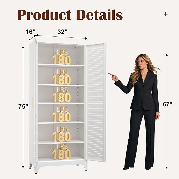 SteeLoong Kitchen Pantry Cabinet,75" Metal Storage Cabinet with Doors and 5 Adjustable Shelves,White Tall Locker Organizer Steel Garage Cabinets for Tool,File Cabinet for Office,Kitchen,Garage,School