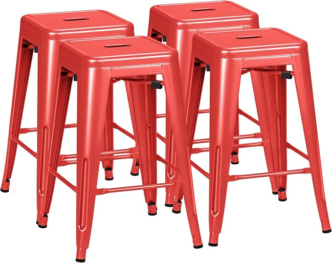 Furmax 24 Inch Metal Bar Stools Set of 4, Counter Height Bar Stools Height High Backless Stools Industrial Stackable Bar Chairs for Dining Room Kitchen Indoor Outdoor Stools Bar Chairs (Red)