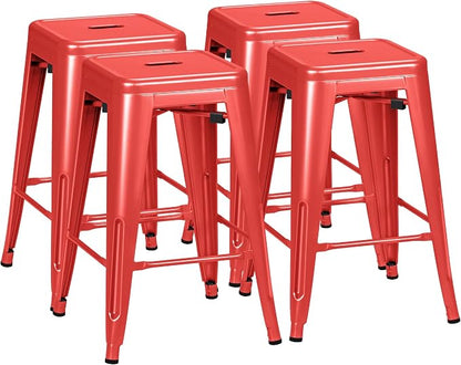Furmax 24 Inch Metal Bar Stools Set of 4, Counter Height Bar Stools Height High Backless Stools Industrial Stackable Bar Chairs for Dining Room Kitchen Indoor Outdoor Stools Bar Chairs (Red)