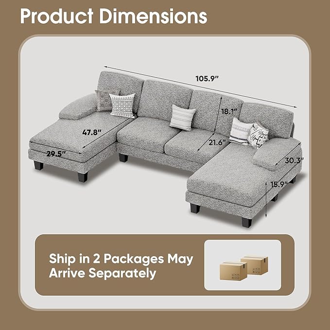 Furmax Sectional Couches for Living Room, U-Shaped Sofa Couch with Linen Fabric, 4 Seat Sofa Set with Double Chaise for Apartment (Loop Yarn, Pearl Gray)