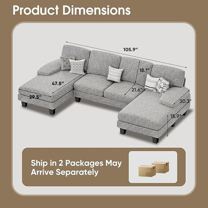 Furmax Sectional Couches for Living Room, U-Shaped Sofa Couch with Linen Fabric, 4 Seat Sofa Set with Double Chaise for Apartment (Loop Yarn, Pearl Gray)
