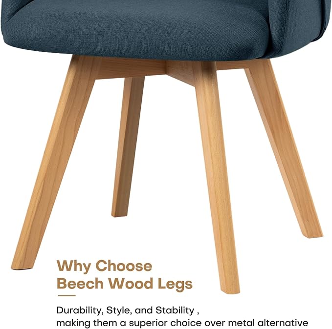 Swivel Dining Chairs Set of 6, Mid Century Modern Dining Chairs with Arms and Wood Legs, Linen Fabric Upholstered Kitchen Chairs for Dining Room Living Room, Comfortable Widen Seat, Blue