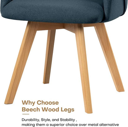 Swivel Dining Chairs Set of 6, Mid Century Modern Dining Chairs with Arms and Wood Legs, Linen Fabric Upholstered Kitchen Chairs for Dining Room Living Room, Comfortable Widen Seat, Blue