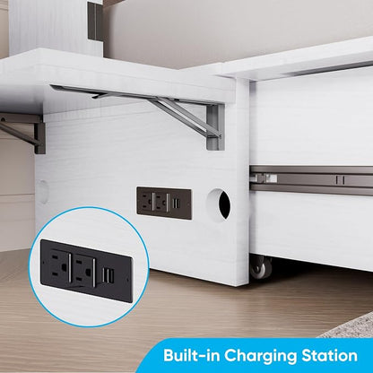Mjkone Queen Size Murphy Cabinet Bed with Tri-Fold Mattress, Multi-Functional Cube Cabinet Bed, Mobile Wall Beds Chest with Storage Drawers and USB Charging Station for Bedroom Office, White
