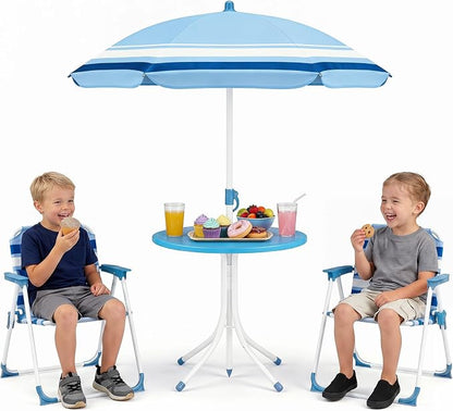 Olakids Kids Picnic Table, Outdoor Toddler Patio Furniture Set with 2 Folding Chairs Adjustable Foldable Umbrella for Garden Backyard Beach (Blue)