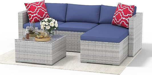 5-Piece Outdoor Sectional Sofa Set, Outdoor Patio Set Sectional Sofa, All-Weather PE Rattan Patio Furniture with Ottoman & Tempered Glass Table for Garden, Backyard, Porch, Poolside (Brown/Blue)