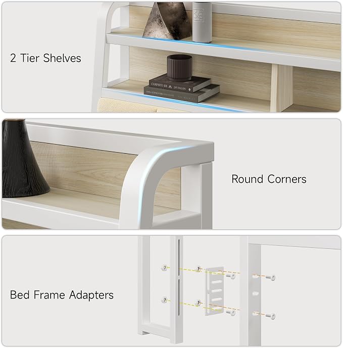Queen Headboard Only with Storage, Upholstered Headboards for Queen Size Bed with LED Light, Charging Station, Height Adjustable, Sturdy and Stable Headboard, Off White