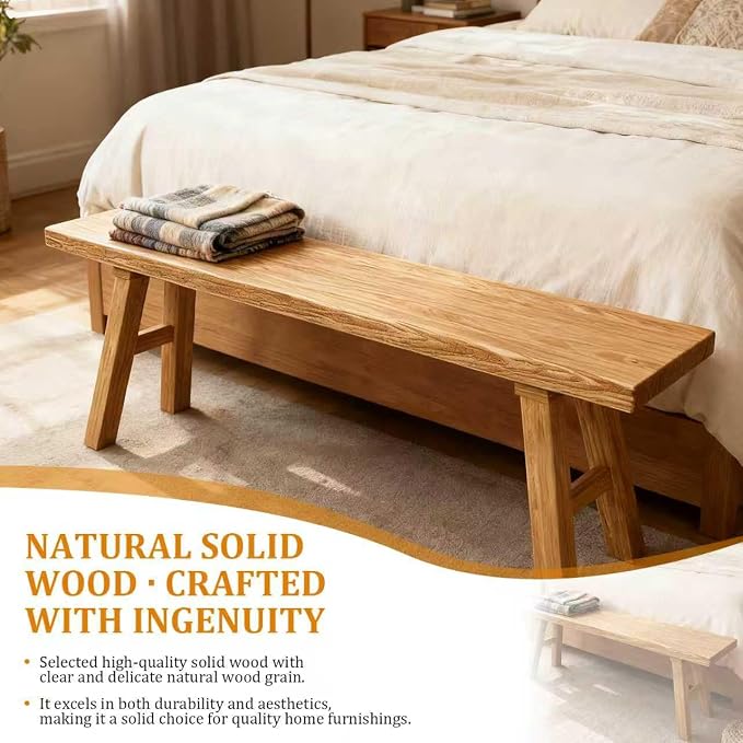 Solid Wood Entryway Bench - 39.3" Rustic Farmhouse Dining Bench for Hallway, Bedroom, Kitchen - Natural Elm Wood Finish