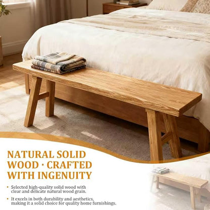 78.7" Ultra Long Solid Wood Entryway Bench - Premium Elm Wood Farmhouse Dining Bench for Commercial Spaces, Large Areas - Natural Finish