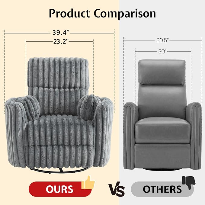Jocisland Power Recliner Nursery Chair for Adults, Electric Swivel Rocking Glider with USB & Type-C Charge, Plush Corduroy Armchair with 2 Pillows, Cozy Reclining Sofa for Living Room, Bedroom, Grey