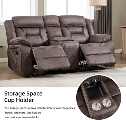EBELLO Faux Leather Manual Loveseat Recliner, 2 Seat Reclining Sofa Chair with Center Console, Hidden Storage and Cup Holders, Daul Recliner for Living Room, Meeting Room, Grey (Loveseat)