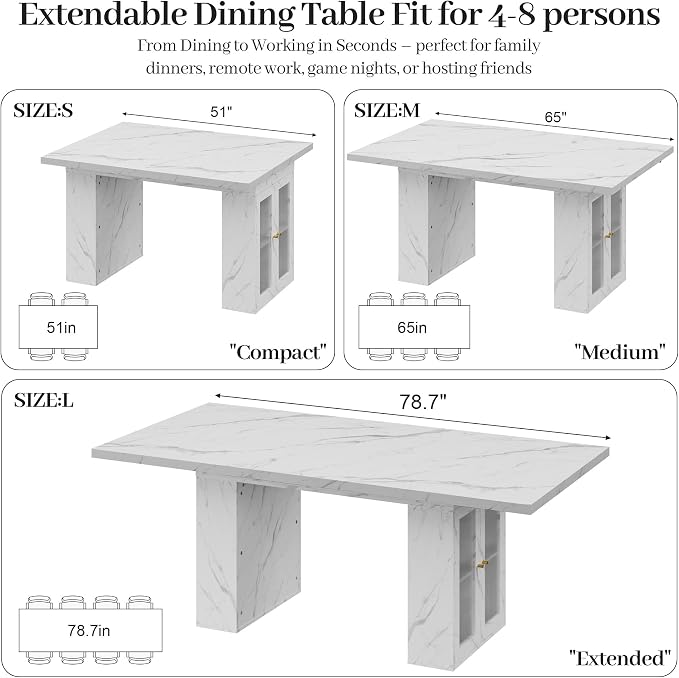 51"-78" Extendable Dining Table for 4-8, White Faux Marble Kitchen Table | Modern Dining Room Table with Hidden Storage, Rectangle Dinner Tables for Dining Room Kitchen Living Room (White Marble)