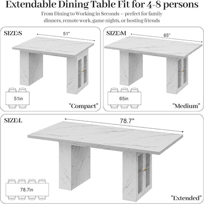 51"-78" Extendable Dining Table for 4-8, White Faux Marble Kitchen Table | Modern Dining Room Table with Hidden Storage, Rectangle Dinner Tables for Dining Room Kitchen Living Room (White Marble)