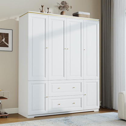 Armoire Wardrobe Closet with Drawers: Large White Wardrobe Closet with 4 Doors and 2 Drawers, Wooden Bedroom Armoires Storage Cabinet with Hanging Rod and Shelves (59")