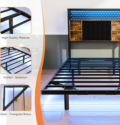 VINGLI Full Size Floating Bed Frame with Headboard, LED Lights & Charging Station, Cozy Velvet Upholstered Headboard, Hidden Storage, Heavy Duty Metal Frame, No Box Spring Needed, Easy Assembly, Black