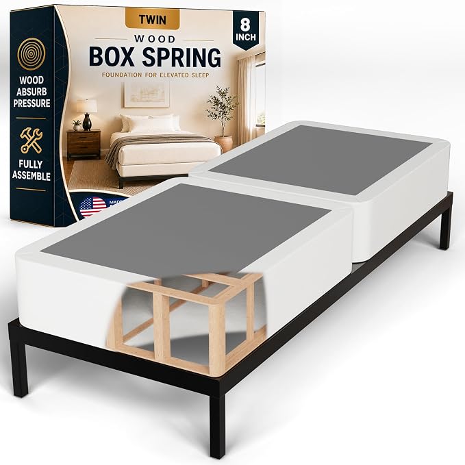 Treaton, 8-Inch Sturdy Wood Box Spring for Mattress Support - Durable and Fully Assembled, Natural Wood Foundation for Twin, White
