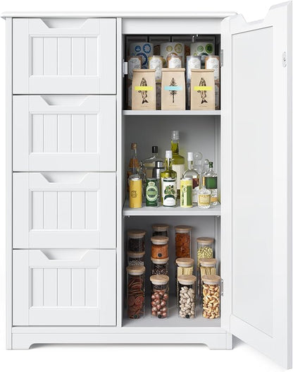 Gizoon Small Pantry with Door and Shelves, 33'' Small Coffee Bar Cabinet with 4 Drawers Kitchen Pantry Storage Cabinet for Kitchen and Living Room, White, Painted