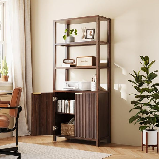 VINGLI Bookcase with Fluted Doors, 71" Wood Storage Cabinet with Adjustable Shelves, 6-Tier Display Cabinet Bookshelf for Study, Living Room, Home Office, Kitchen Pantry, Walnut