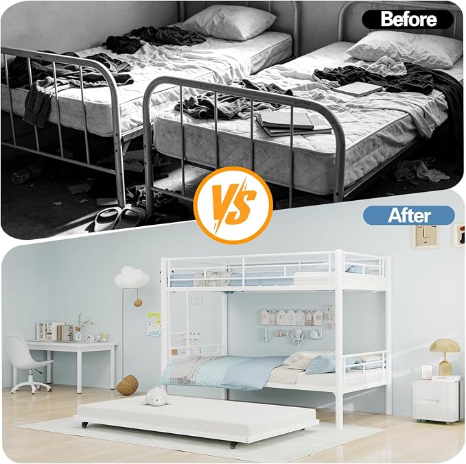Metal Bunk Bed with Trundle, Space-Saving Bunk Bed Twin Over Twin with Ladders and Safety Guardrail, Heavy Duty Twin Bed Frames, No Box Spring Needed and Noise Free(White)