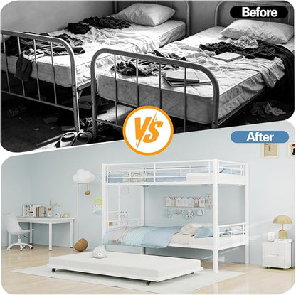 Metal Bunk Bed with Trundle, Space-Saving Bunk Bed Twin Over Twin with Ladders and Safety Guardrail, Heavy Duty Twin Bed Frames, No Box Spring Needed and Noise Free(White)