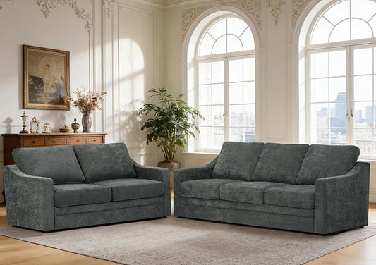 2 Pieces Chenille Sofa Set w/Soft Back Cushion, Grey | Modern 2 Seat & 3 Seats Couch Set w/Deep Seat Space, Upholstered Love Seat & Sofa w/High Density Foam for Living Room