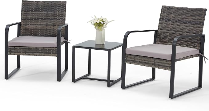 Bezseller 3 Piece Outdoor Patio Furniture Set, Patio Bistro Set Wicker Conversation Set, Modern Rattan Chair with Glass Coffee Table for Backyard, Porches, Poolside, Lawn and Balcony