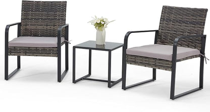Bezseller 3 Piece Outdoor Patio Furniture Set, Patio Bistro Set Wicker Conversation Set, Modern Rattan Chair with Glass Coffee Table for Backyard, Porches, Poolside, Lawn and Balcony