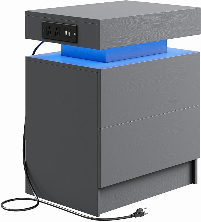 LIKIMIO Nightstand with Charging Station LED Light and 2 Drawers Grey | charging station; LED light; 2 smooth glide drawers; 13.8 D x 18.9 W x 23.6 H in; Grey wood grain