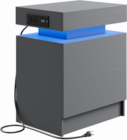 LIKIMIO Nightstand with Charging Station LED Light and 2 Drawers Grey | charging station; LED light; 2 smooth glide drawers; 13.8 D x 18.9 W x 23.6 H in; Grey wood grain