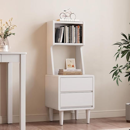 Solid Wood Bookshelf with Drawers,Narrow bookcase with Storage Shelves,Tall Nightstand with Drawers,Mid Century Modern Nightstand,Open Shelf Bookcase,Small Book Shelf for Bedroom,Living Room,Offices