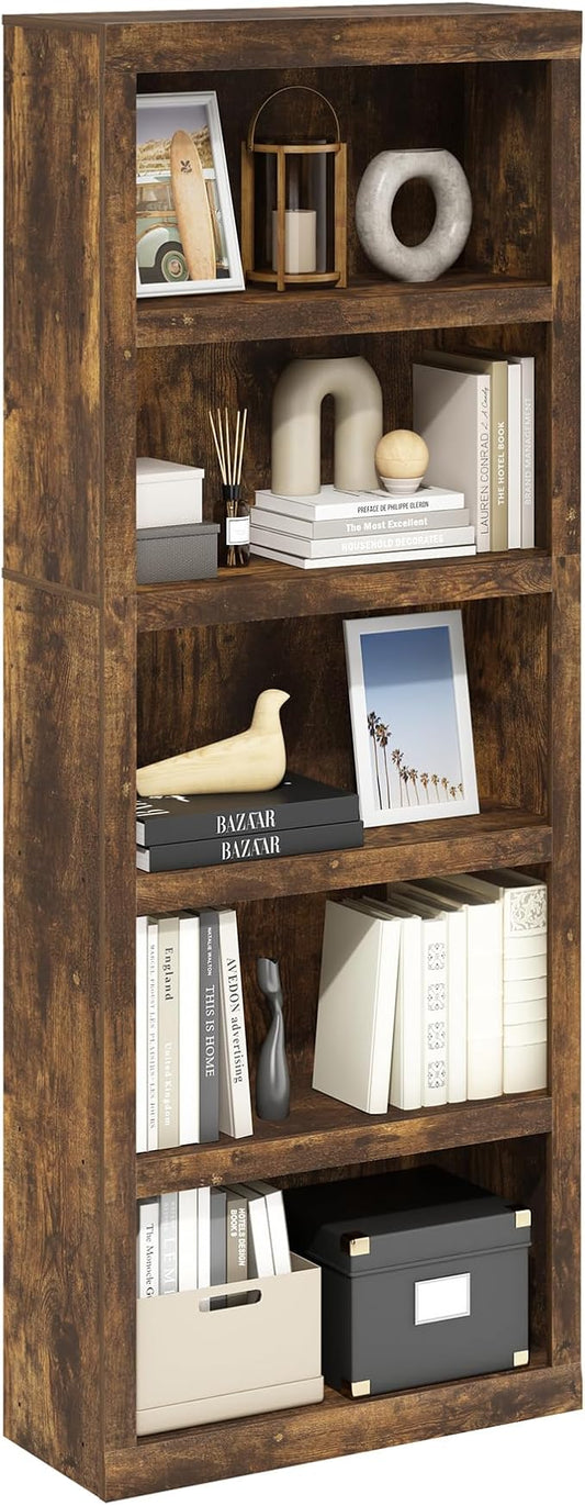 Furinno Rail Book Shelf, 5-Tier Bookshelf with Open Shelf, Bookcase with Classic Style Edges, 10 x 24.6 x 63.5, for Organization and Storage, for Living Room, Bedroom, Home Office, Amber Pine