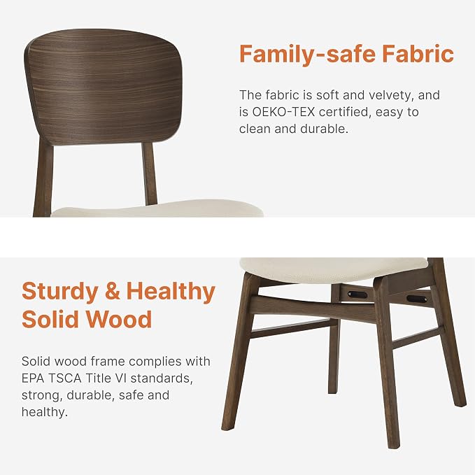 KISLOT Wooden Dining Chairs Set of 6, Upholstered Modern Dining Room Chairs, Mid Century Oak Kitchen Chairs with Ergonomic Wood Backrest for Farmhouse, Restaurant, Café (Cream Fabric & Walnut Color)