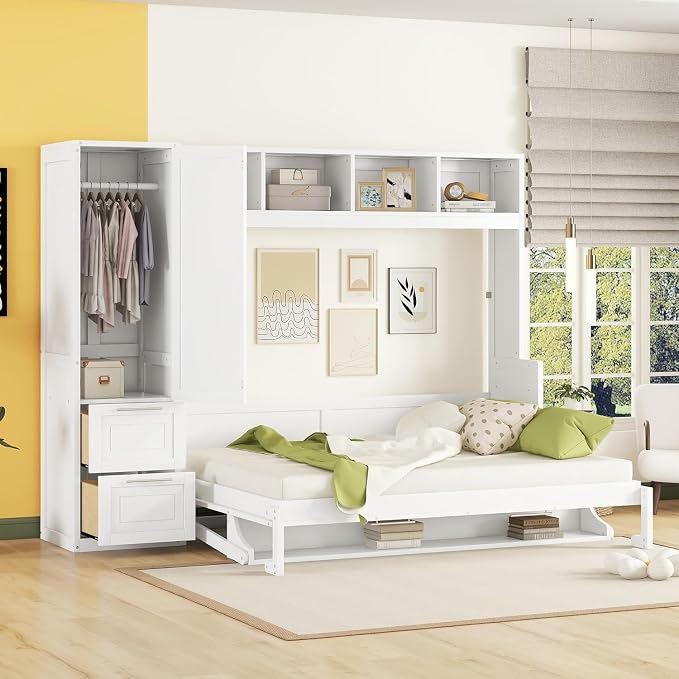Virubi Queen Murphy Bed with Storage Shelves,Drawers and Wardrobe Closet,Wood Folding Murphy Wall Bed Cabinet (White)