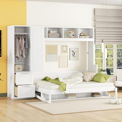 Virubi Queen Murphy Bed with Storage Shelves,Drawers and Wardrobe Closet,Wood Folding Murphy Wall Bed Cabinet (White)