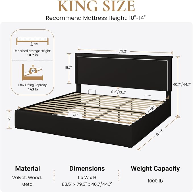 SHA CERLIN King Size Hydraulic Lift-Up Storage Platform Bed Frame with Charging Station, RGB LED Lights, Adjustable Velvet Headboard, USB-A and USB-C Ports, No Box Spring Needed, Black