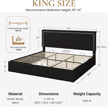 SHA CERLIN King Size Hydraulic Lift-Up Storage Platform Bed Frame with Charging Station, RGB LED Lights, Adjustable Velvet Headboard, USB-A and USB-C Ports, No Box Spring Needed, Black