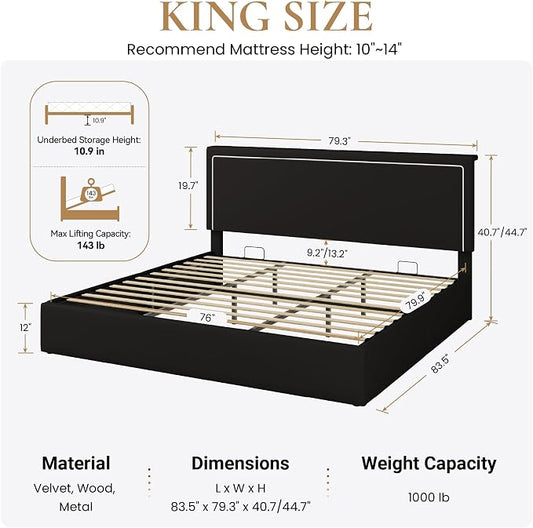 SHA CERLIN King Size Hydraulic Lift-Up Storage Platform Bed Frame with Charging Station, RGB LED Lights, Adjustable Velvet Headboard, USB-A and USB-C Ports, No Box Spring Needed, Black