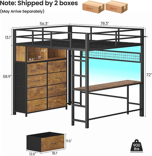 ADORNEVE Full Size Loft Bed with Desk and 8 Storage Drawers, LED Metal Loft Bed with Power Outlet, 2 Shelves & Clothing Rack, Bed with Safety Guardrail & Ladder,Space-Saving, Rustic Brown