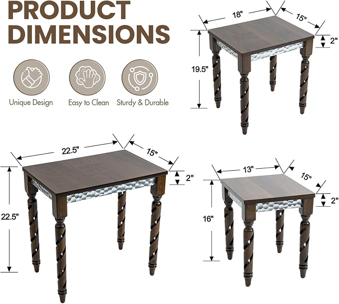 Hyfirm Nesting Tables Set of 3, Walnut Mid Century Modern Accent Tables with Spiral Rubber Wood Legs & Silver Honeycomb Apron, Retro Stackable Side Tables for Living Room, Bedroom & Small Apartments