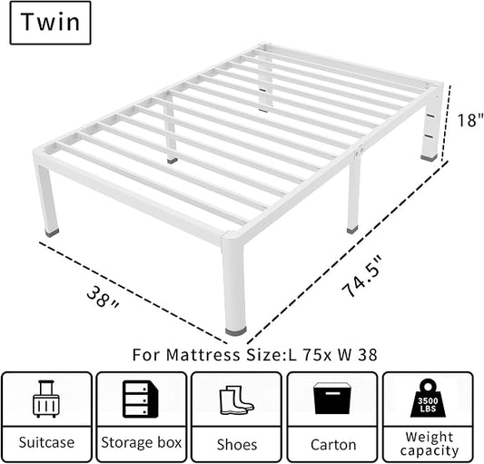 ROIL 18 Inch White Twin Size Bed Frame with Rounded Corner and Headboard Hole Mattress Retainers 3500LBS Heavy Duty Steel Slats No Box Spring Needed Platform Noise-Free Easy Assembly