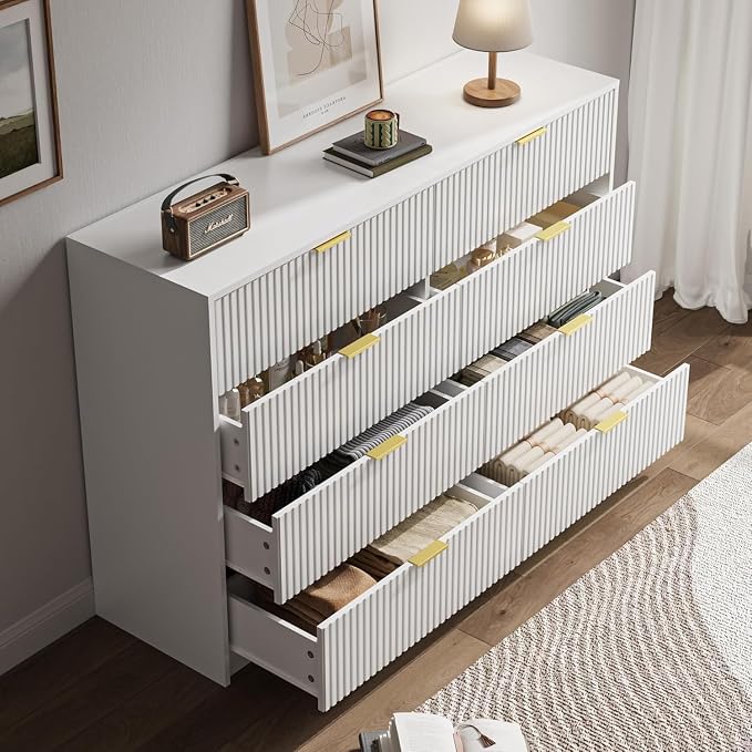 MAISONARIA 3-Piece Dresser Bedroom Set, 8 Drawer Dresser & 3 Drawer Nightstands with Gold Handles, Fluted Wood Chest of Drawers for Bedroom, Living Room, Entryway, White