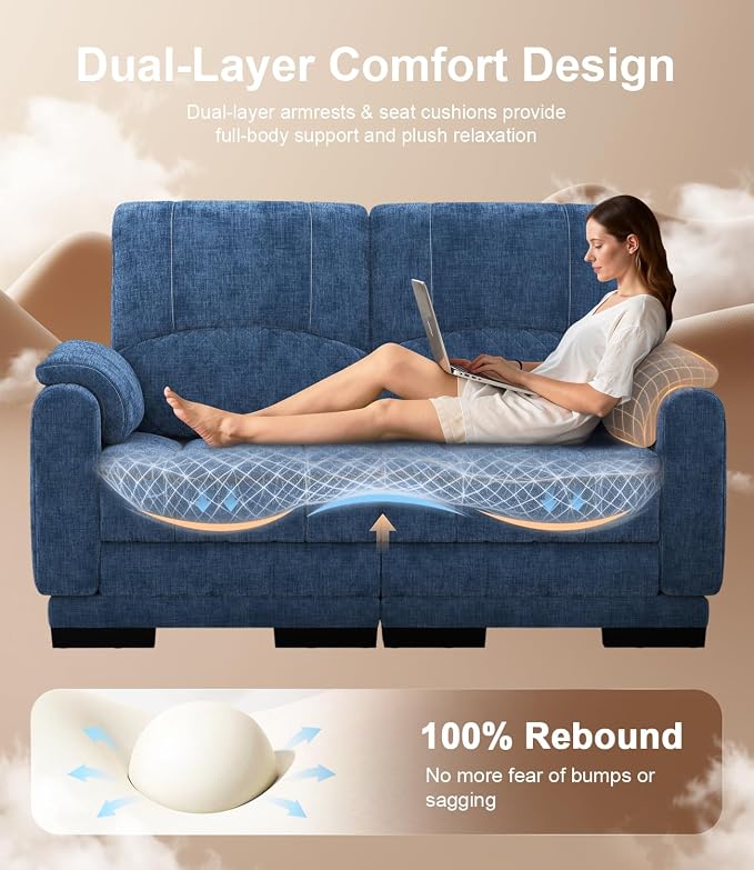 Yolsali Boneless Loveseat Sofa, High-Density Cloud-Like Double Cushion Floor Sofa Couch, Chenille Small Boneless Couch for Living Room, 850 lb Support, Raised Backrest, Ergonomic, Easy Assembly, Blue