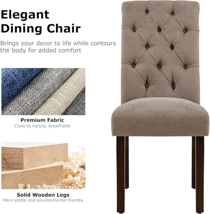 COLAMY Button Tufted Dining Chairs Set of 4, Parsons Upholstered Fabric Dining Room Chairs Kitchen Chairs with Wood Legs and Padded Seat, Taupe